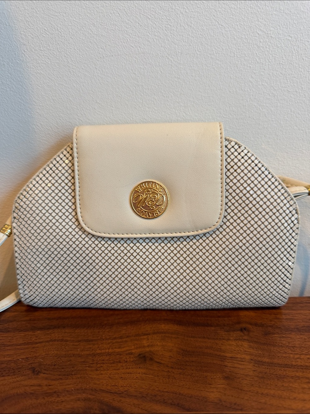 Whiting & Davis Vintage Cream Mesh Metal Clutch with Gold Medallion